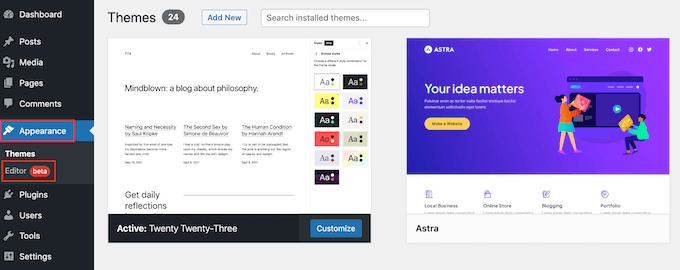Deschiderea editorului complet de site WordPress (FSE) Opening the WordPress full site editor (FSE)