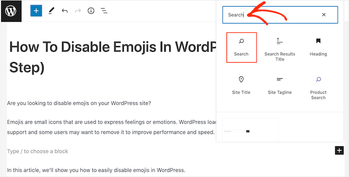 Adăugarea blocului Căutare la o pagină sau postare WordPress Adding the Search block to a WordPress page or post