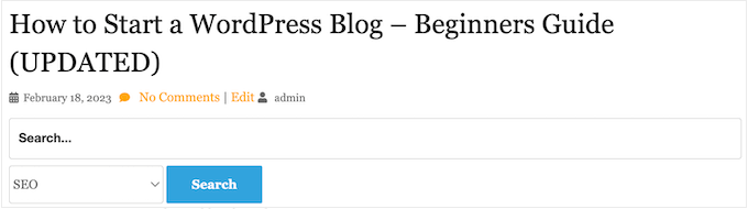 Un exemplu de căutare după categorie pe un site WordPress An example of search by category on a WordPress website