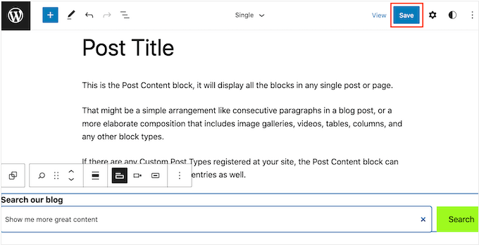 Publicarea unui șablon activat pentru blocuri cu o bară de căutare Publishing a block-enabled template with a search bar