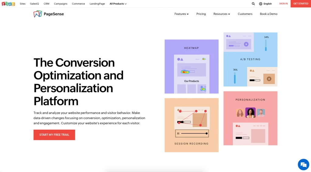 Zoho PageSense este una dintre cele mai bune platforme de conversie și personalizare pentru site-uri web.