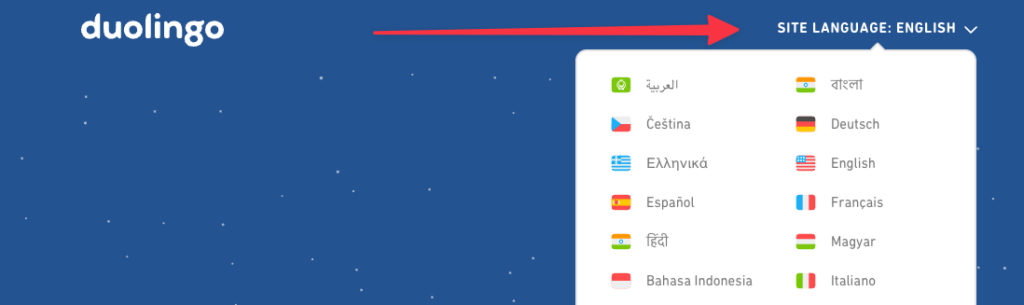 ตัวอย่างของโปรแกรมเปลี่ยนภาษาของเว็บไซต์โดย Duolingo