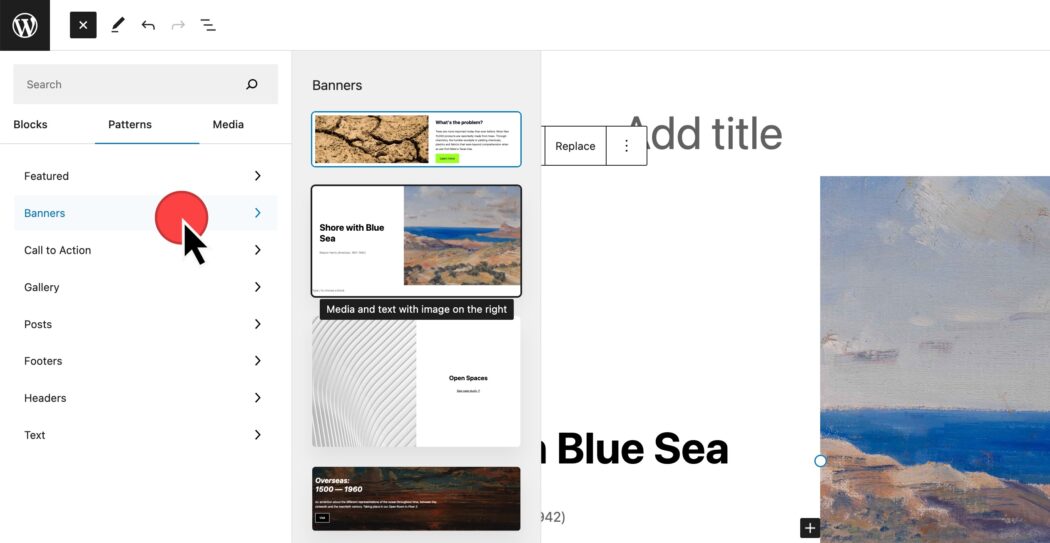 Din Post Editor, Block Inserter, Patterns, selectați și previzualizați modelul