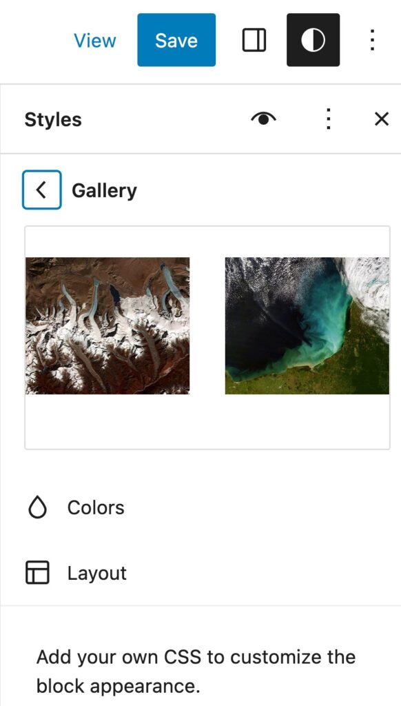 Editor site, stiluri, galerie blocuri selectate cu previzualizarea blocurilor afișată