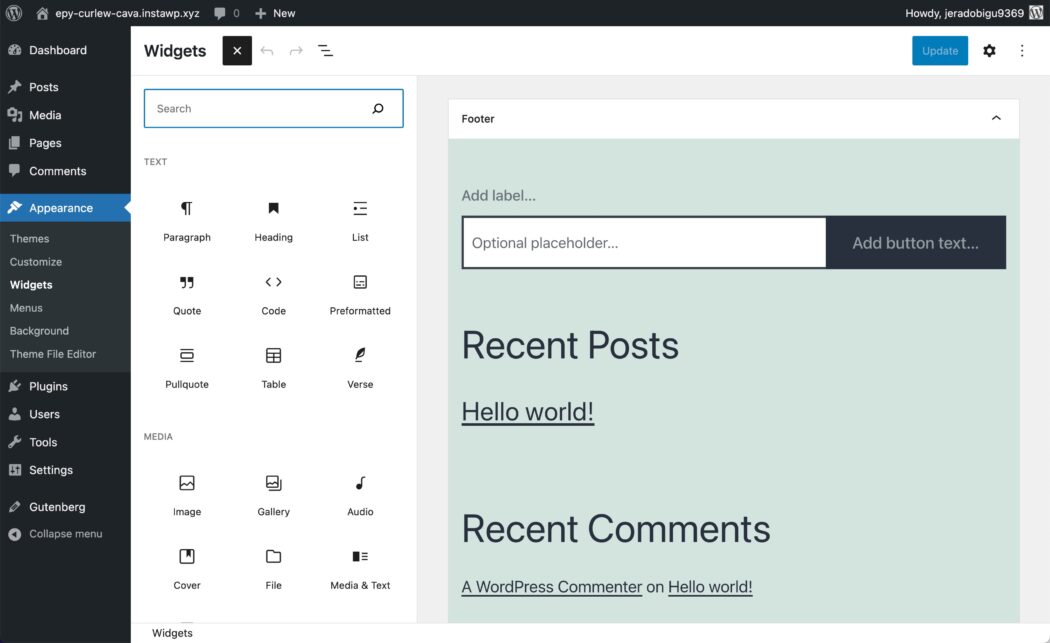 Aspect, widget-uri afișate cu Blocul de inserare extins