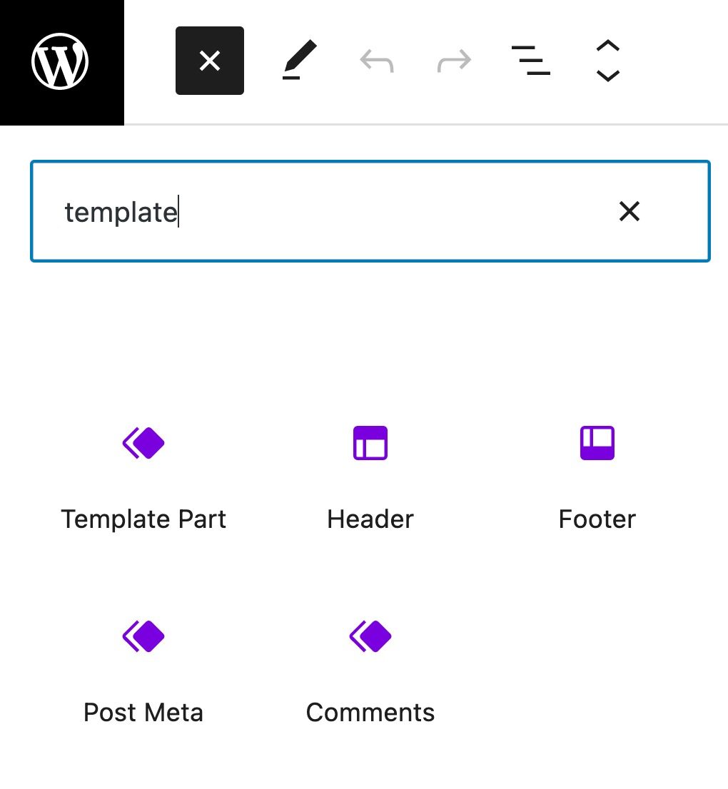 Block Inserter este selectat și apare o căutare pentru șablon. Părțile șablonului rezultate sunt afișate ca pictograme violet strălucitoare.
