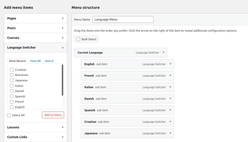 tangkapan layar editor menu WordPress