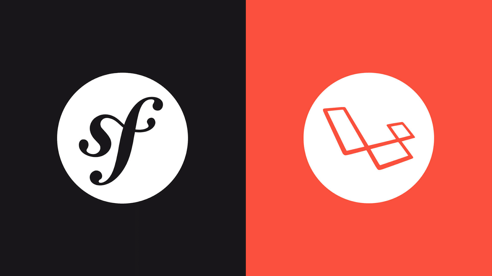 Logo Symfony dengan inisial "sf" berwarna putih di atas lingkaran hitam di sebelah kiri dengan latar belakang hitam dan logo Laravel di latar belakang merah di sebelah kanan.