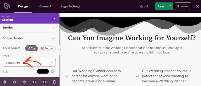 Adăugarea divizoarelor de formă personalizate la o pagină de destinație personalizată Adding custom shape dividers to a custom landing page