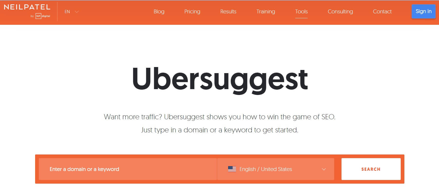 Pagina de pornire Ubersuggest