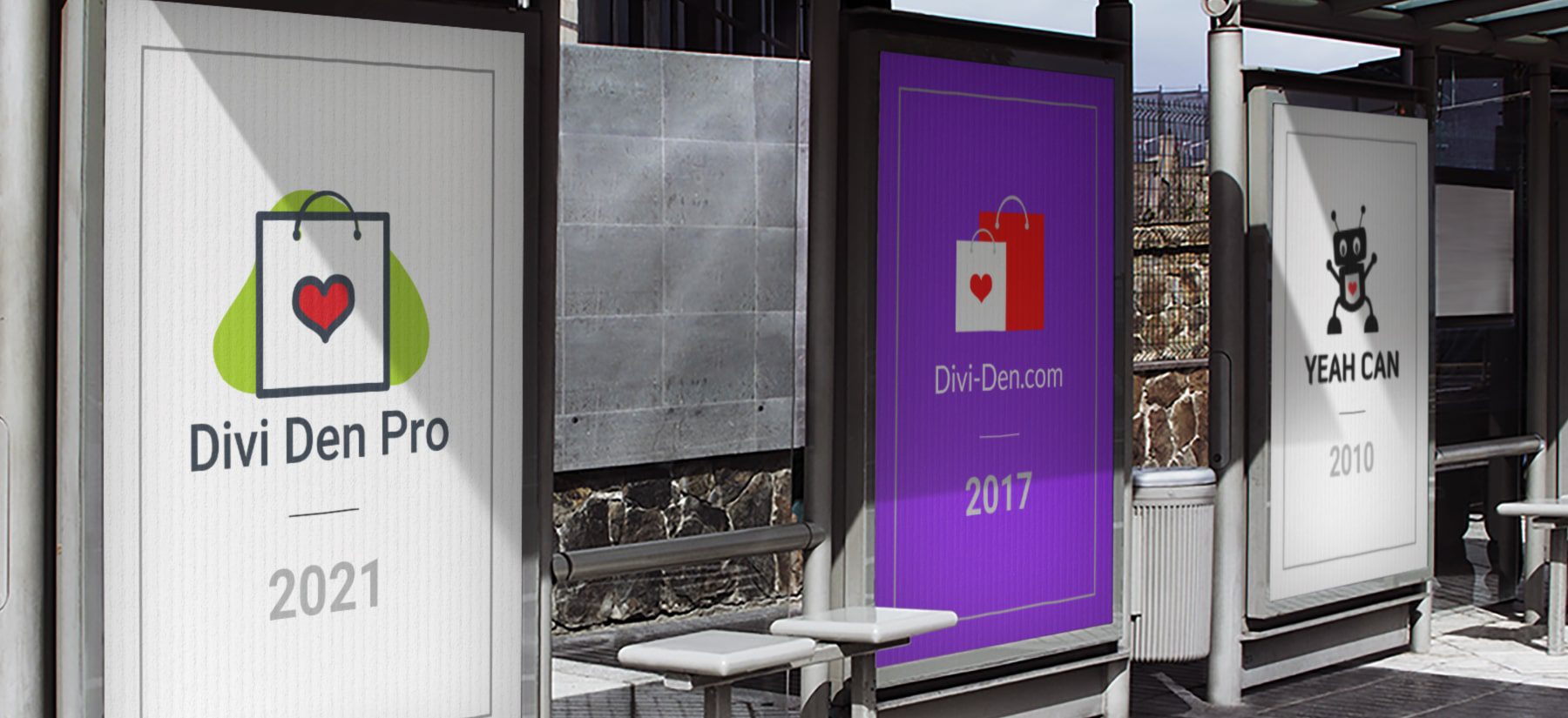 Различные логотипы, представляющие Divi Den в период с 2010 по 2021 год.