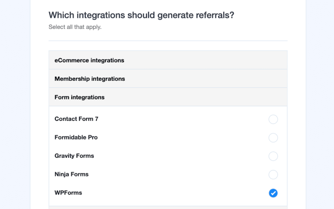 Selecting WPForms integration