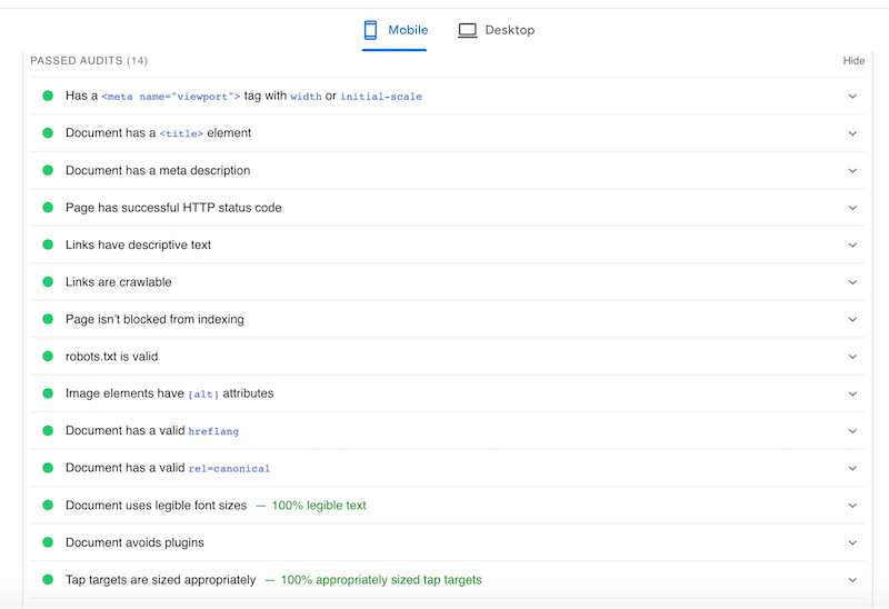 Vérifications SEO par Google - Source : PageSpeed Insights