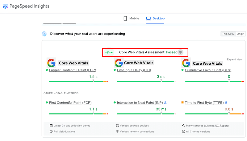 Core Web Vitals (performance et expérience utilisateur) comme facteurs de classement - Source : PageSpeed Insights.