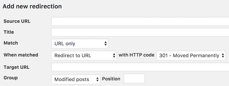 Ajout de la redirection depuis WordPress - Source : Redirection