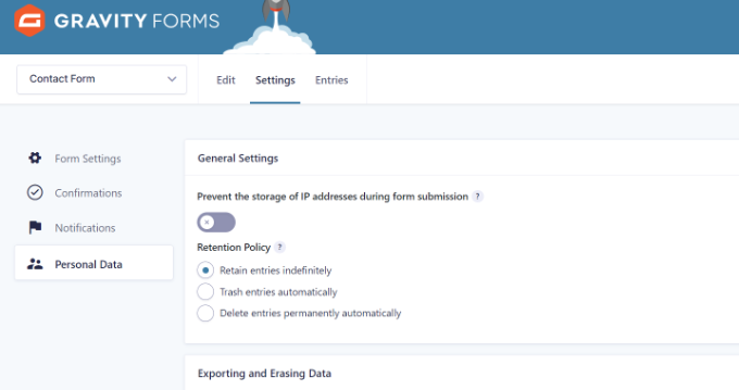 Настройки личных данных Gravity Forms Personal data settings Gravity Forms
