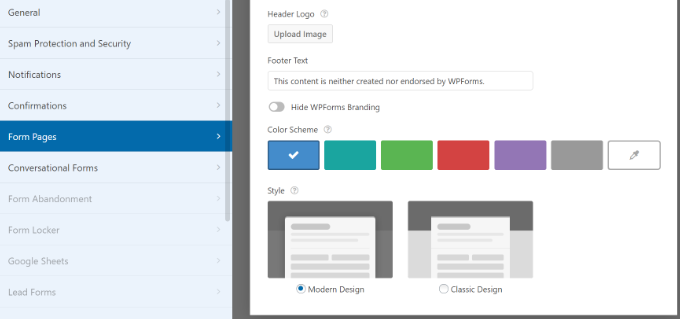 Настройки страниц форм WPForms Form pages settings WPForms
