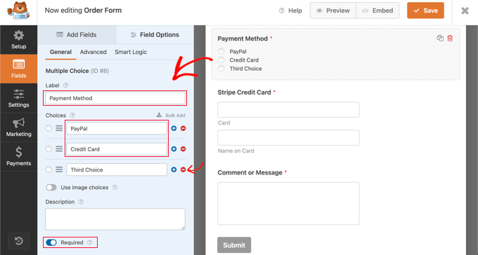 Параметры поля множественного выбора Multiple Choice Field Options
