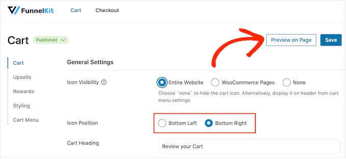 预览 FunnelKit 滑动推车 Previewing the FunnelKit sliding cart