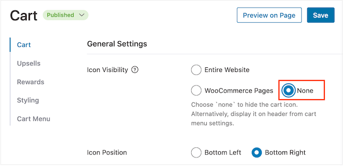 FunnelKit 的“图标可见性”设置 FunnelKit's 'icon visibility' settings