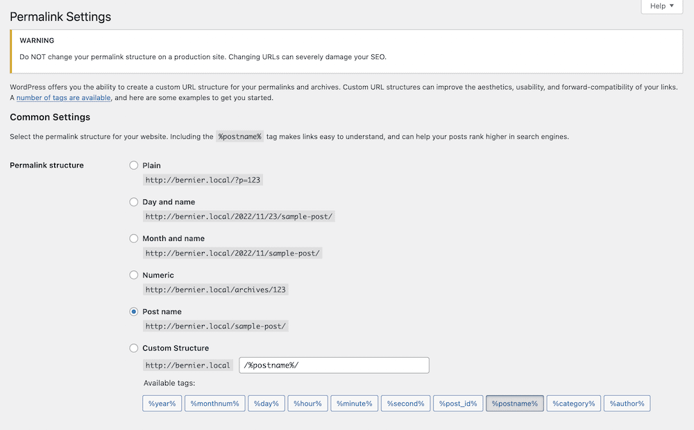 หน้าจอ WordPress Permalinks ภายใน wp-admin