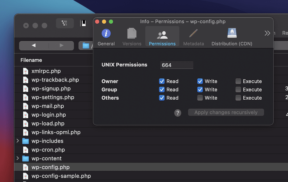 การเปลี่ยนการอนุญาตไฟล์ของไฟล์ WordPress ภายในไคลเอนต์ Cyberduck SFTP