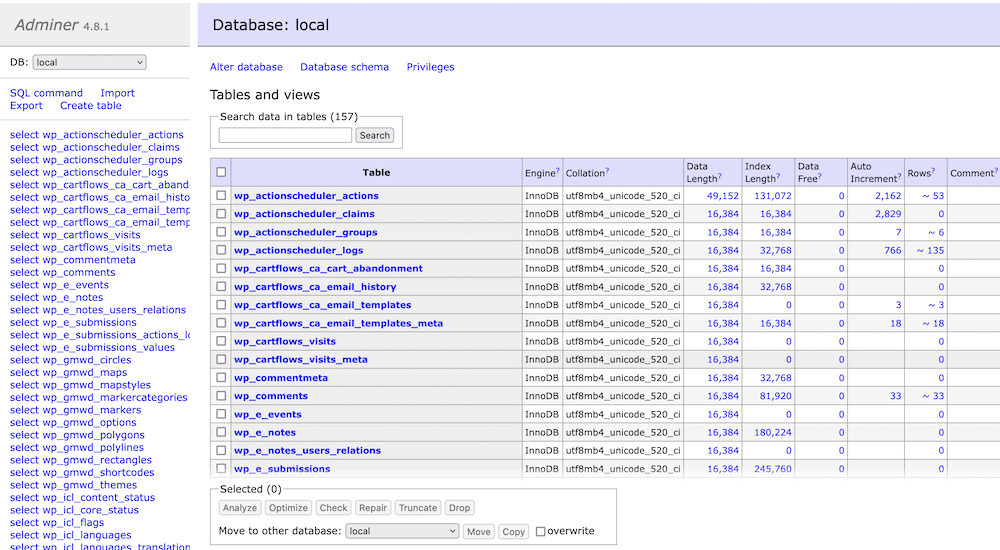 ฐานข้อมูล MySQL ภายในอินเทอร์เฟซผู้ดูแลระบบ