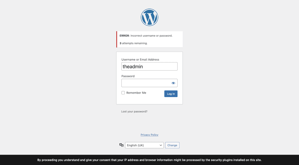หน้าเข้าสู่ระบบ WordPress แสดงการเข้าสู่ระบบที่ไม่ถูกต้องและพยายามอีกสามครั้งเพื่อเข้าสู่หน้าจอ wp-admin