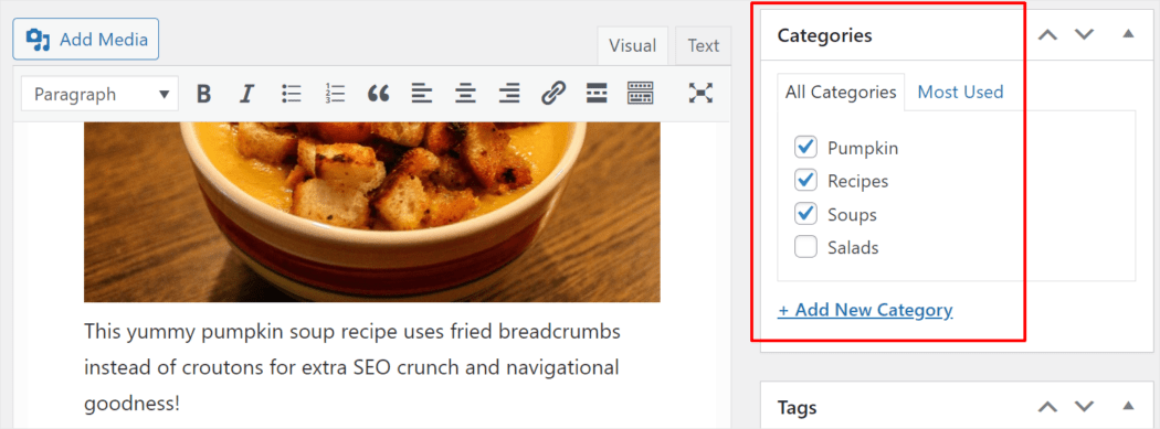 複数のカテゴリに割り当てられた WordPress 投稿の例。