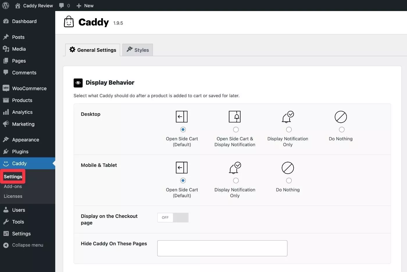 Caddy WooCommerce 侧推车设置区域