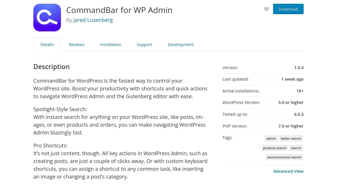 Captură de ecran a CommandBar pe wordpress.org