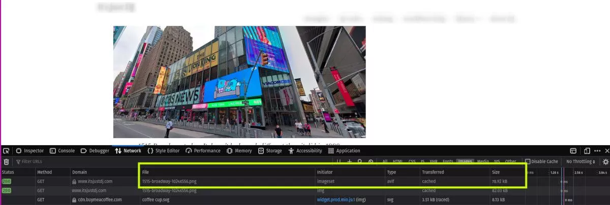 Screenshot des Bildes auf der Website und Informationen im Inspektor