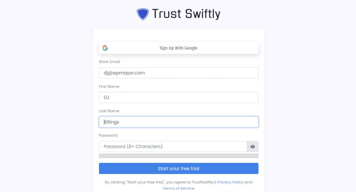 Trustly 가입 양식