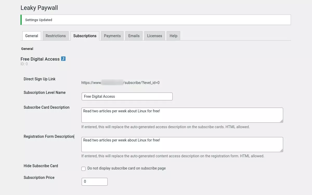 tangkapan layar menu Leaky Paywall