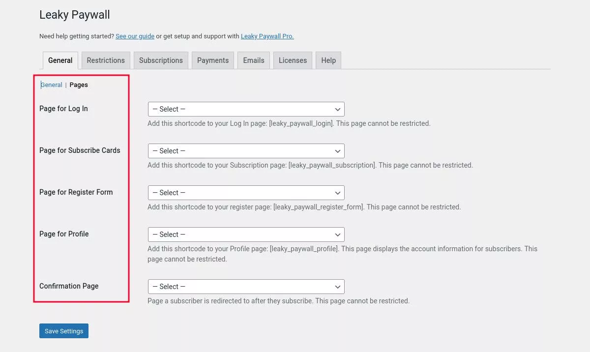 tangkapan layar menu Leaky Paywall