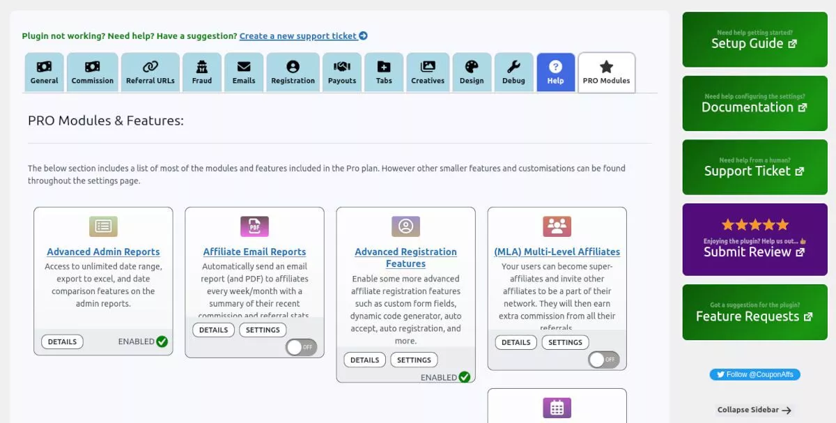Screenshot des Coupon Affiliates-Menüs