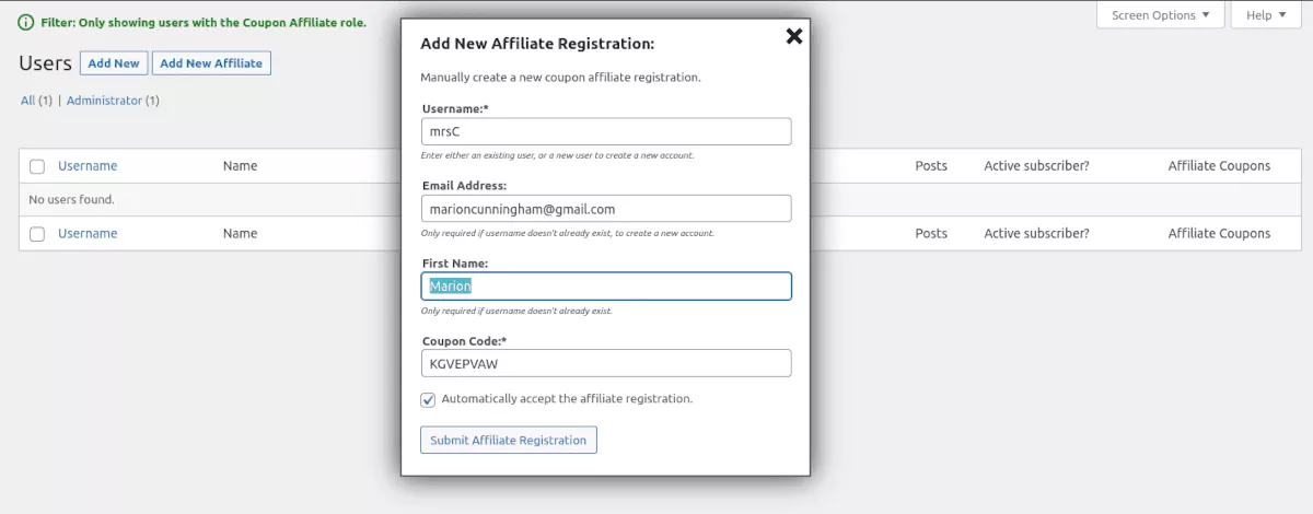 Screenshot des Coupon Affiliates-Menüs