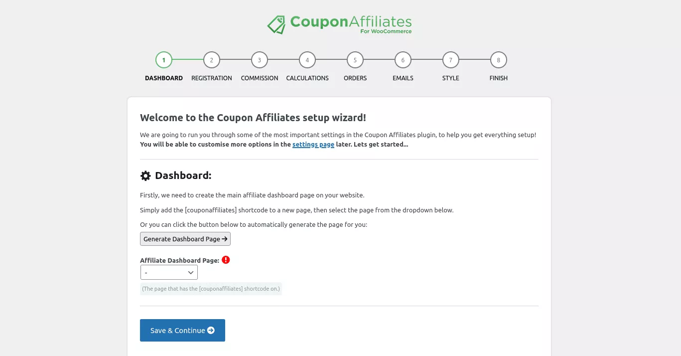 Screenshot des Einrichtungsassistenten für Coupon Affiliates