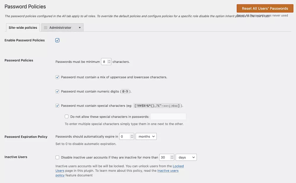 在 WPassword 插件中切換密碼策略。