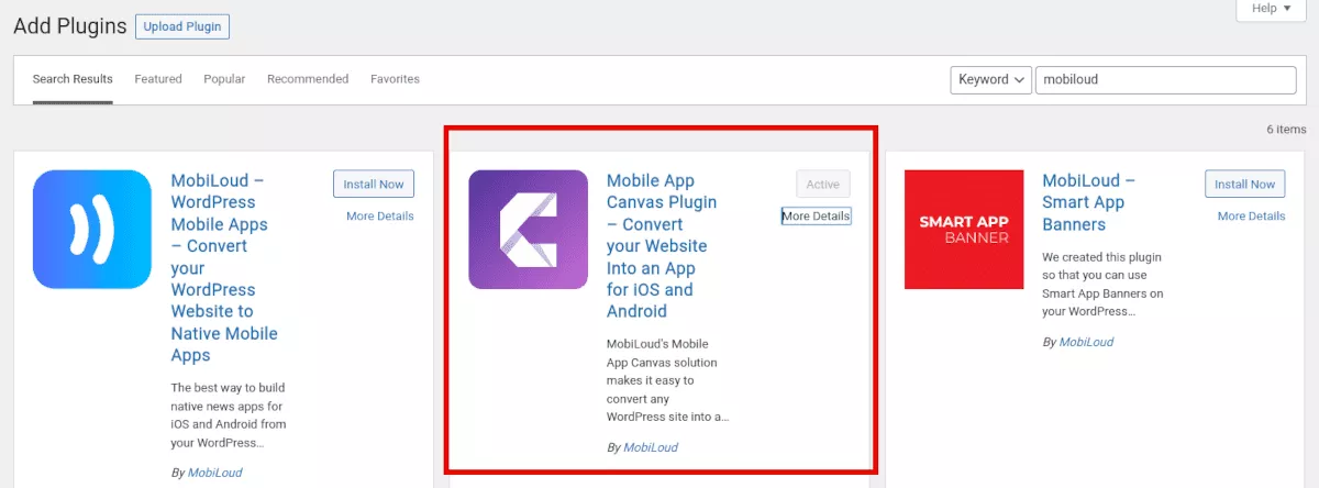 Screenshot des WordPress-Plugin-Menüs mit MobiLoud Canvas