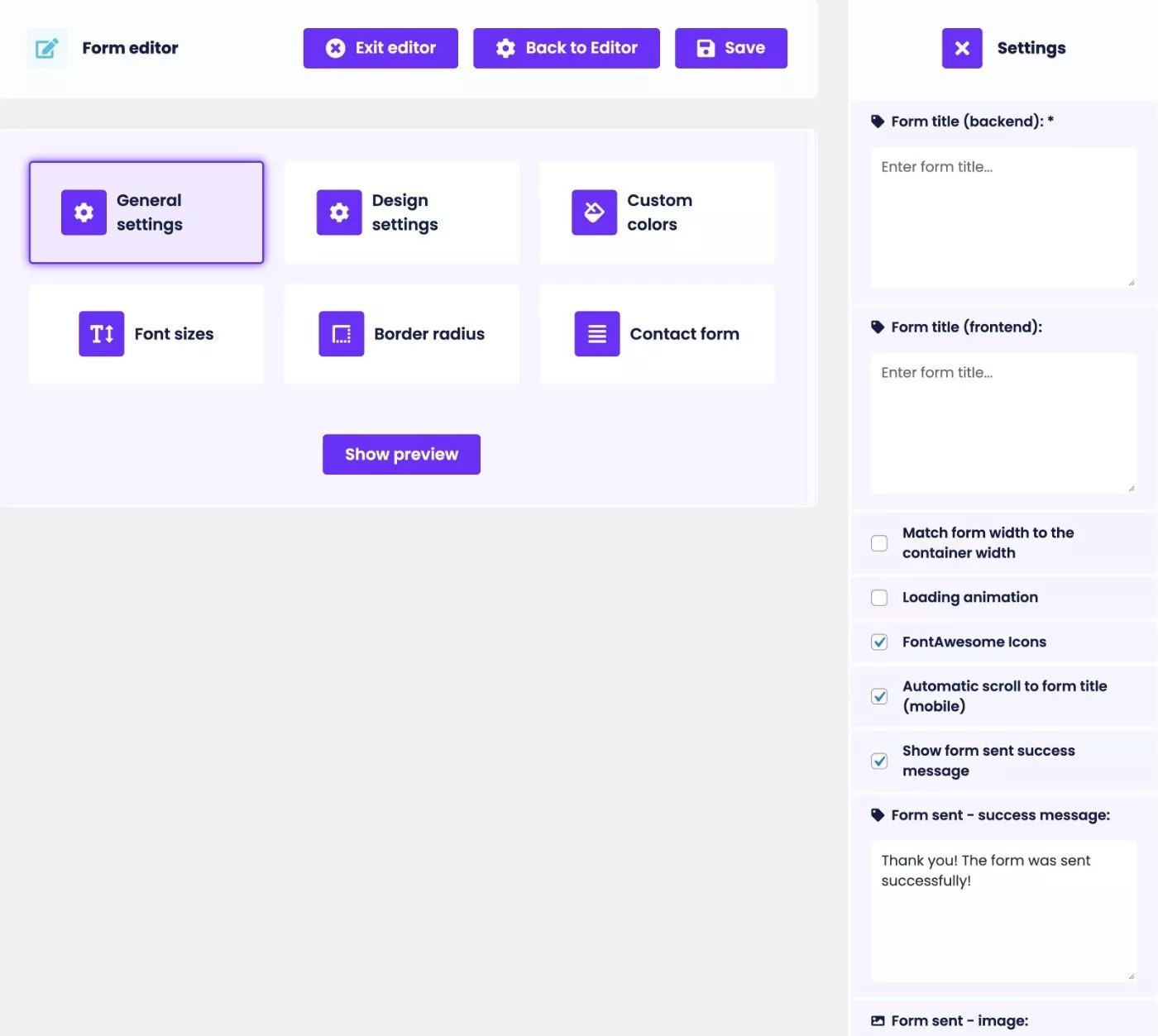 Área de configuración de formularios en Funnelforms