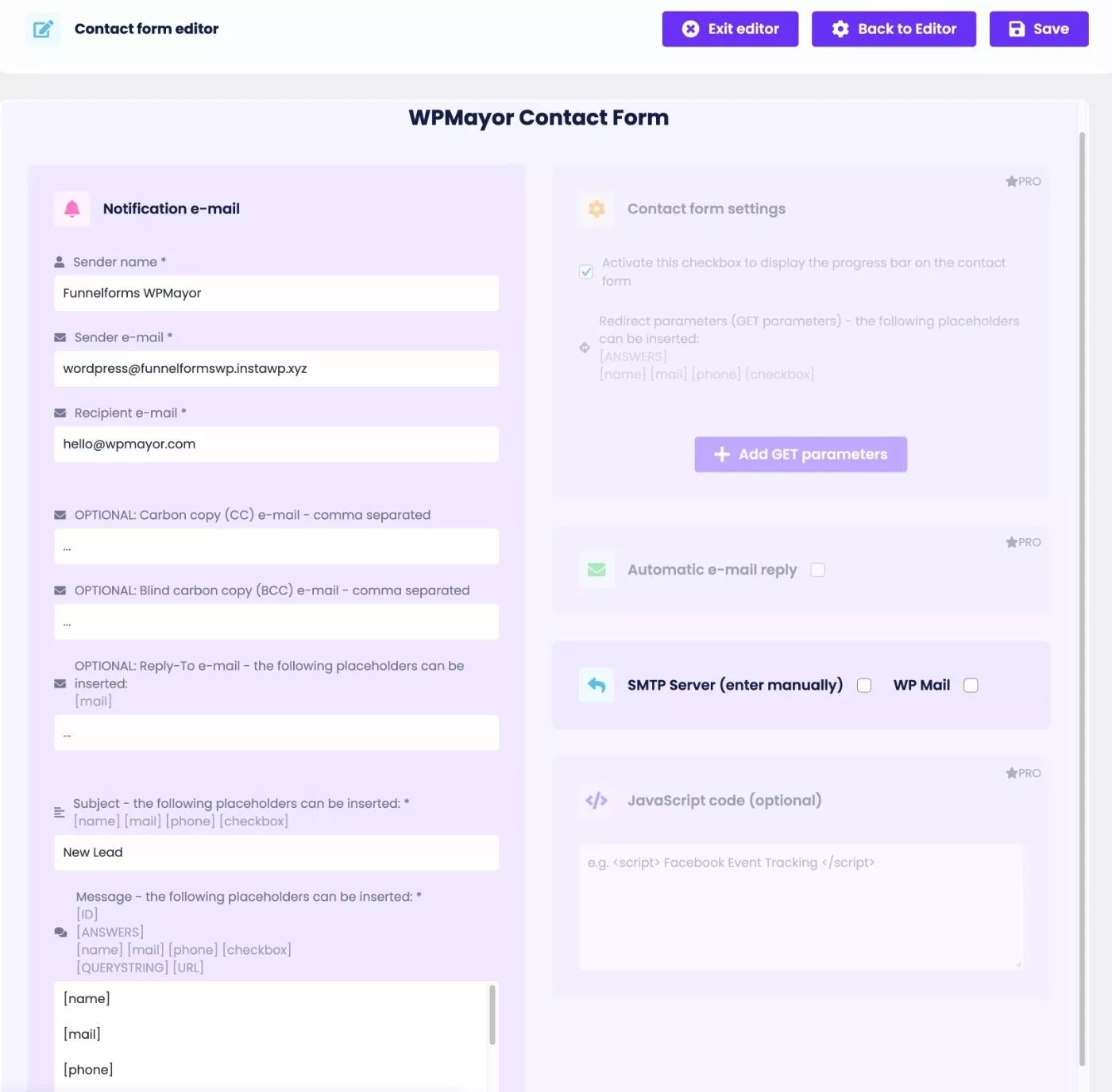 Configuración del formulario de contacto