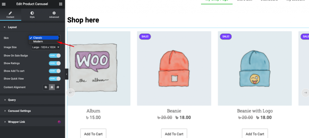 Utilizzo del widget carosello prodotti
