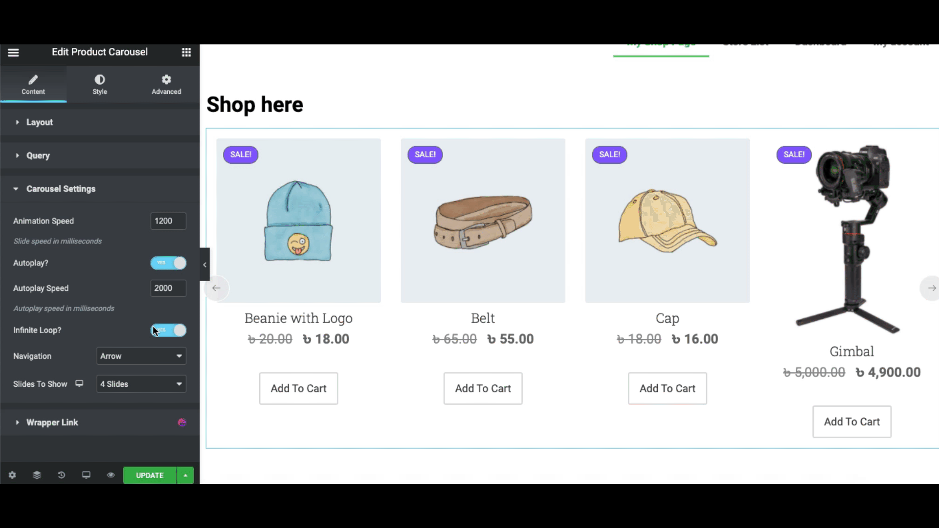 Applicazione del widget del carosello dei prodotti