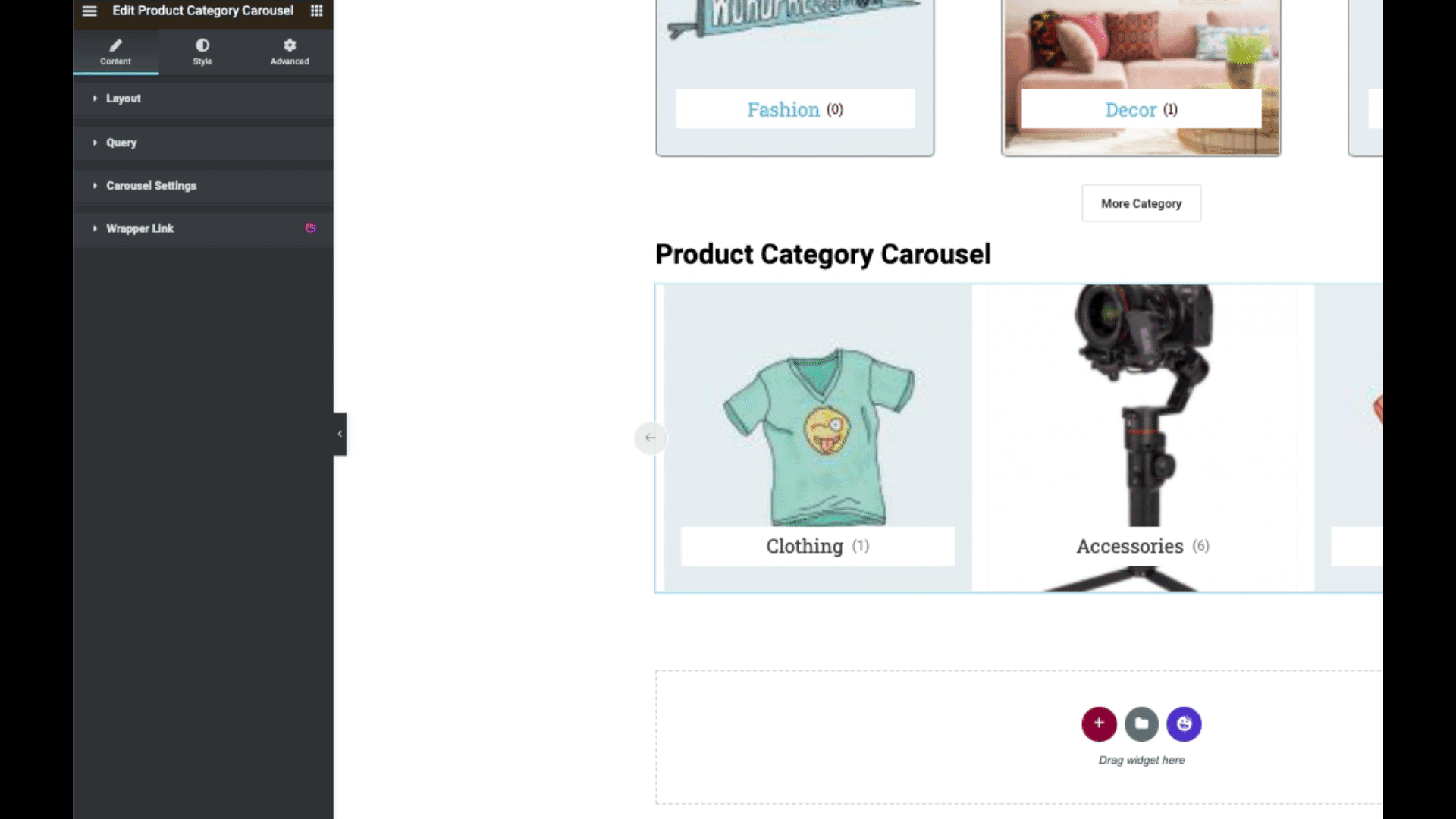 Impostazioni del widget del carosello dei prodotti