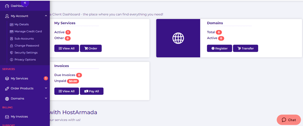 Interfaccia utente dashboard di HostArmada