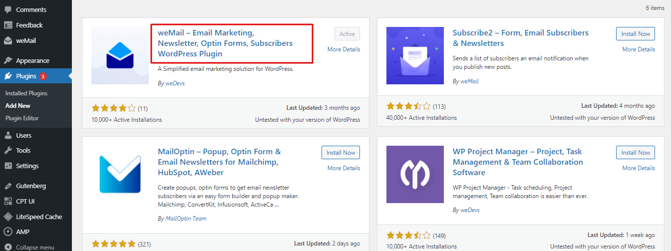 Instale wemail para hacer crecer la lista de correo electrónico con wordpress
