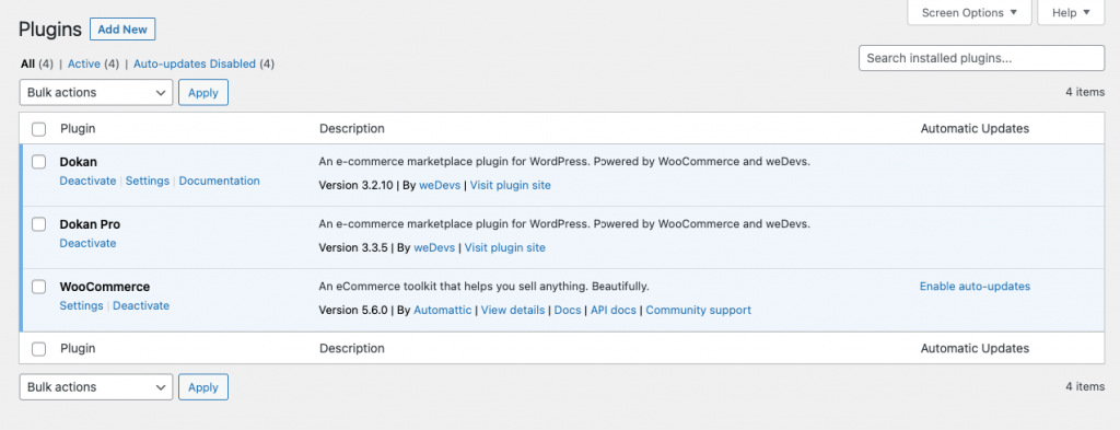 ภาพหน้าจอของแดชบอร์ด WordPress ของส่วนปลั๊กอินที่เปิดใช้งาน