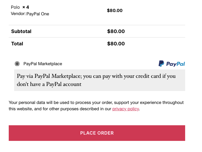 ภาพหน้าจอของปุ่มการชำระเงินมาตรฐานของ Paypal Marketplace