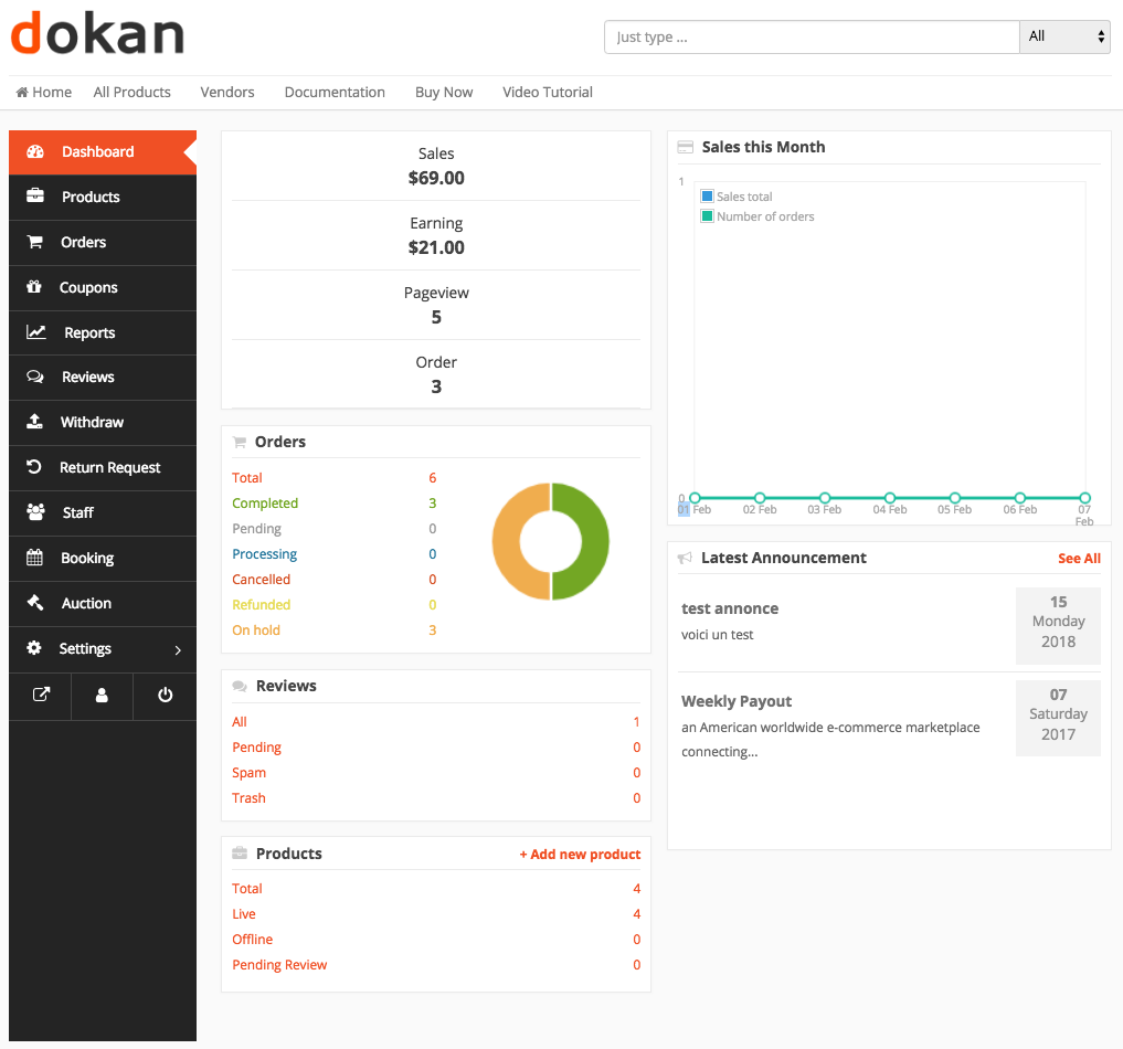 Principales fonctionnalités et modules de Dokan - Tableau de bord des fournisseurs Principales fonctionnalités de Dokan